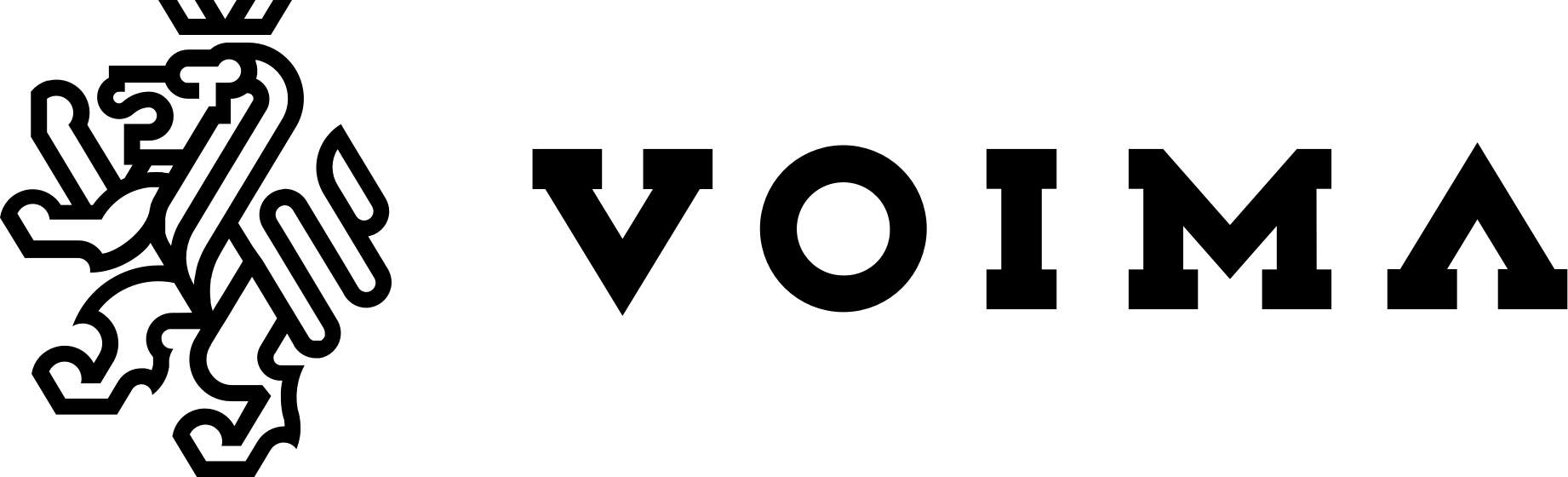 Voiman logo, joka koostuu kruunatusta leijonasta vasemmalla, jonka ohessa lukee Voima.