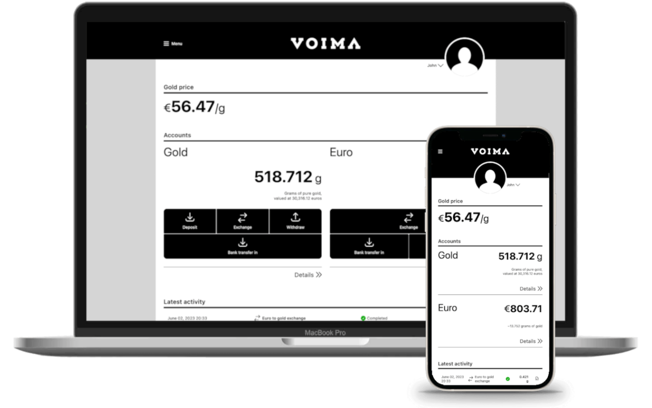An image of Voima Account and how to buy gold through it.